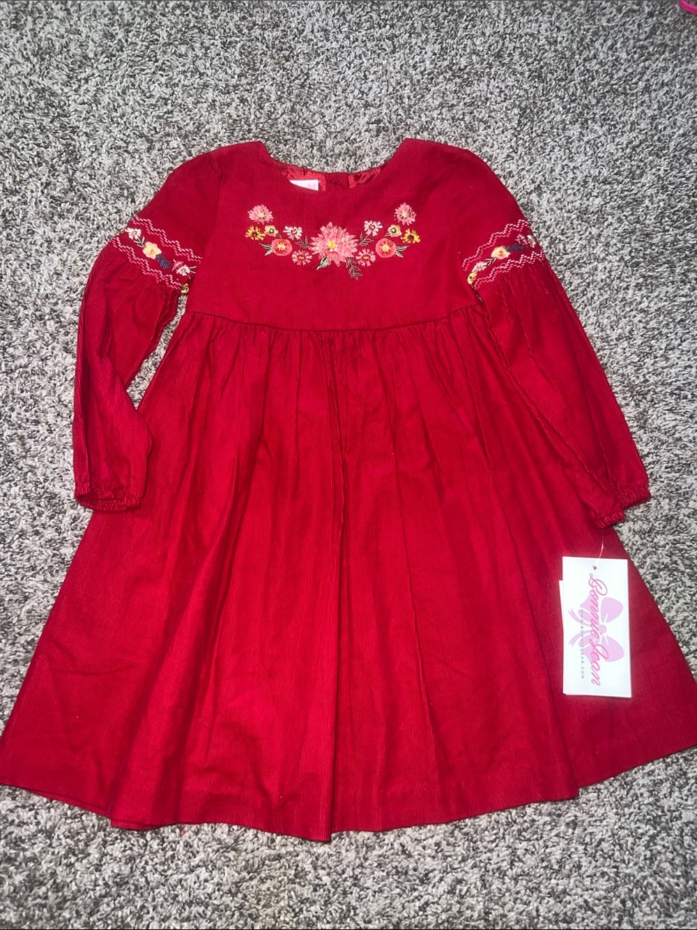 Bonnie Jean Red Floral Embroidered Long-Sleeve Dress